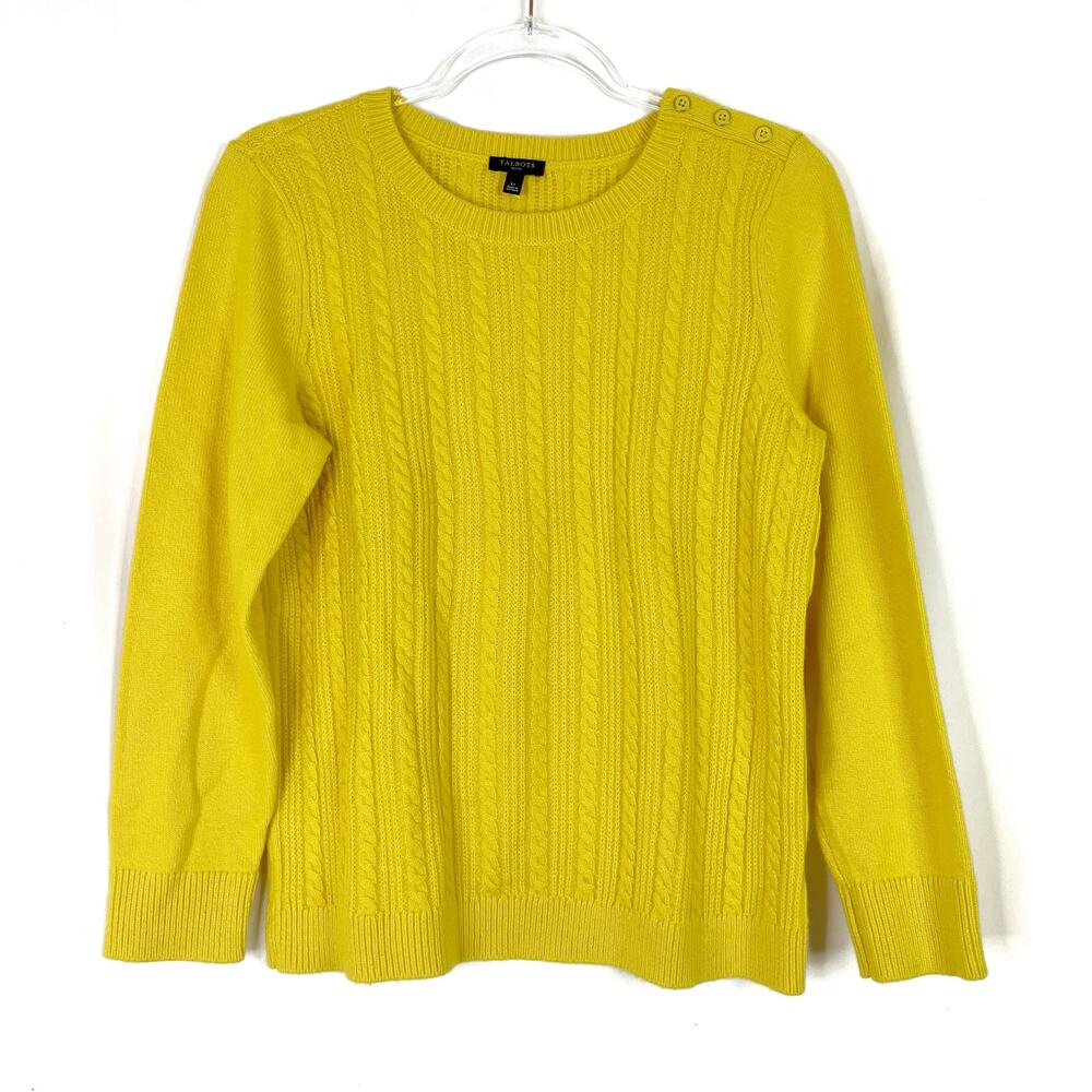Talbots | Mustard Yellow Cable Knit Sweater Cotton Blend Womens L Petite